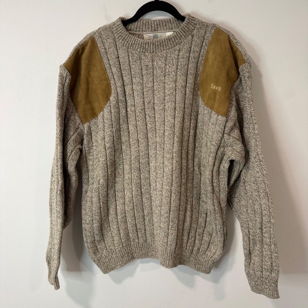 Orvis Mens Vintage Shooting Sweater Large Tan NWT Wool Blend Suede Patches Field
